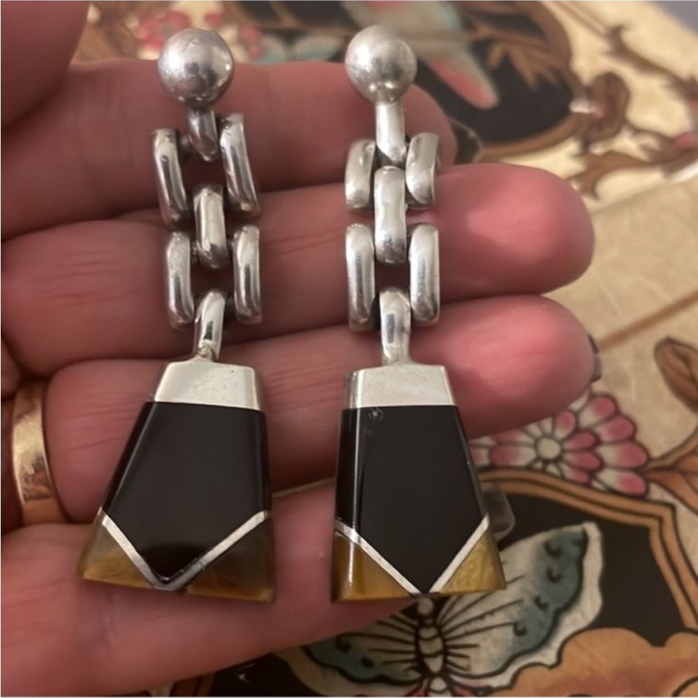 Vintage Sterling Tigers Eye & Black Onyx  Long Dangling Earrings 27 Grams